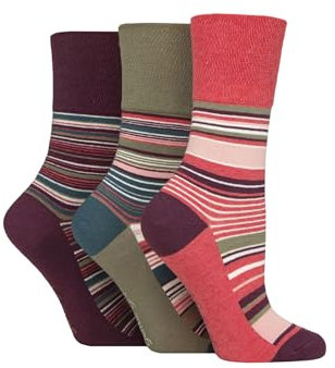 SockShop Gentle Grip Ladies Floral Spotted Patterned and Striped Honeycomb Top Cotton Socks in a Multipack of 3 Assorted Colours Size 4-8 Wilderness Stripe Purple
