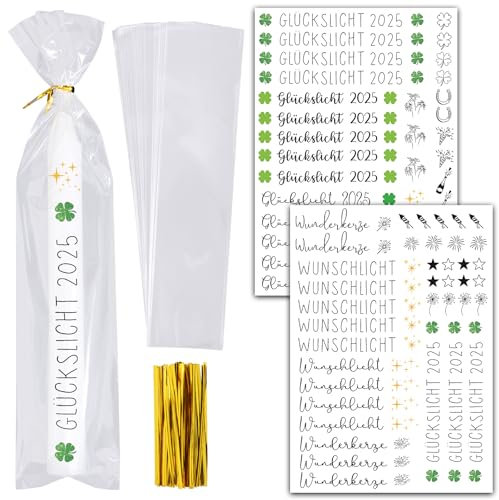 BOOMTOP Kerzen Tattoo Silvester 2025 2Blatt Kerzen Tattoos Aufkleber Glückslicht Wunschlicht Rub On Sticker Neujahr mit 50x Kerzentüten Kleeblatt Hufeisen Sticker Candle Bags Silvester Kerzensticker