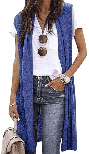 OMZIN Women Solid Color Sleeveless Long Sweater Casual Open Front Lightweight Soft Cardigan Vest Blue M