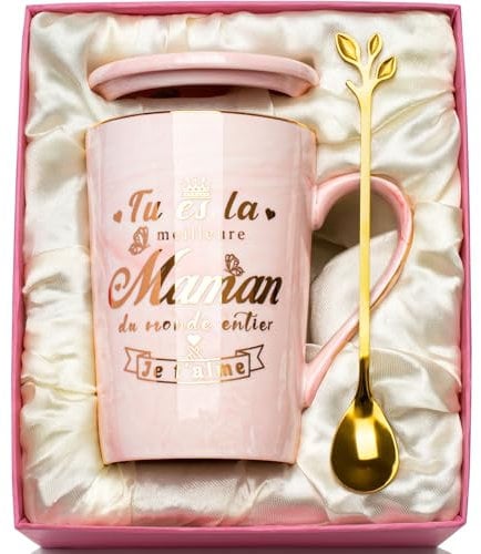 YIKILYLIFE Cadeau Maman Noel Tasse, Cadeau Anniversaire Maman Mug 400ml, Cade-au Noël Maman Tasse en Céramique Marbrée Cadeaux Maman, vec Cuillère, Carte de Vœux, Boîte Cadea-u Exquise