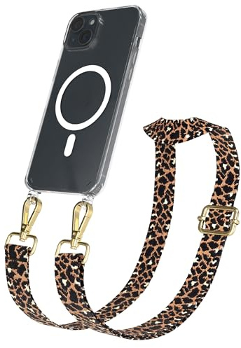 EAZY CASE Handykette - Verstellbares Taschenband kompatibel mit iPhone 15 Plus, Schulterriemen, Handykordel mit Silikon Hülle, Qi Charging kompatibel, Umhängetasche, Leo - Schwarz Braun Gold