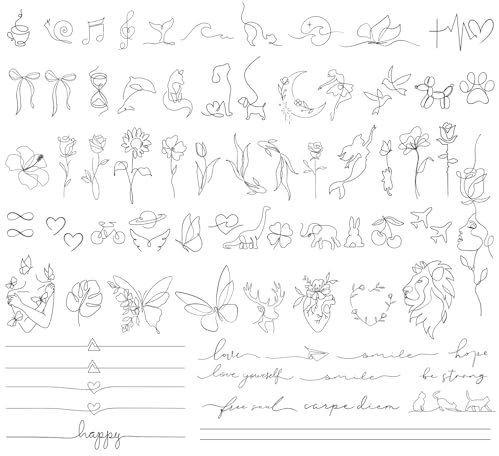 BETESSIN 3 Bögen Temporäre Tattoos 2 Wochen - Minimalistische Fake Tattoo mit One-Line-Art - Klebetattoos Erwachsene - Wasserfeste Fine-Line Tattoos zum Aufkleben für Männer & Frauen
