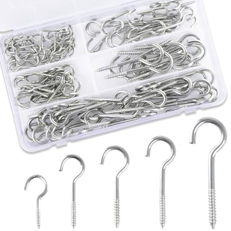 Anstore 120 Pcs Cup Hooks Screw Set with Organiser Box, Silver Rust-Resistant Metal Hooks for Hanging Mugs, Plants & Decor, Drill-Free Self-Tapping Design Indoor Outdoor 25/35/40/50/60mm, 5 Sizes
