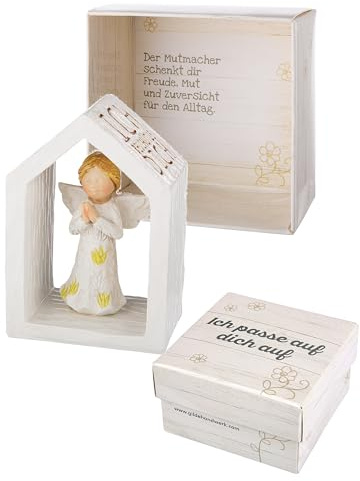CULT at home Schutzengel Glücksbringer Geschenk – Mutmacher Geschenke in Geschenkbox Ich Passe auf Dich auf – kleine Dekofigur Engel im Rahmen Haus Höhe 8 cm – Good Luck viel Glück Prüfung Schule
