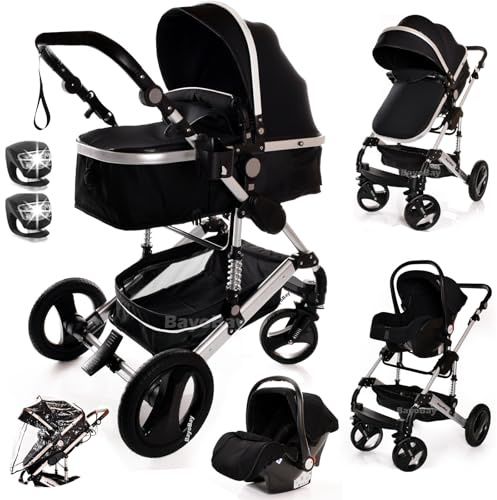 3 in 1 Travel System Baby Pram Buggy with Car Seat Pushchair Carriage Child Lightweight Folding Stroller for Newborns Toddlers from Birth up to 22kg New 2025 Style (BB2 - Black Silver, BB2)
