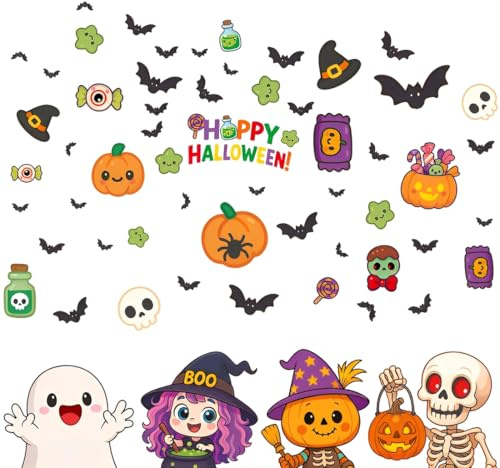 EIHI 4 Stück Halloween Dekoration Cartoon Fensterbilder Deko Fenster Aufkleber PVC Aufkleber Doppelseitige Wiederverwendbar Niedliche Monster für Halloween Deko Kinder
