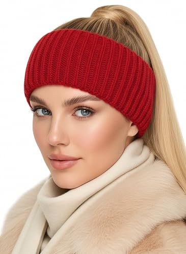 Baesics Stirnband Damen Rot - Winter Ohrenwärmer warm gefüttert gestrickt | Mit weichem Fleece-Innenfutter, dehnbar, 48-58 cm, Unisex für Damen und Herren. Klassisch gerippt einfarbig für Sport und