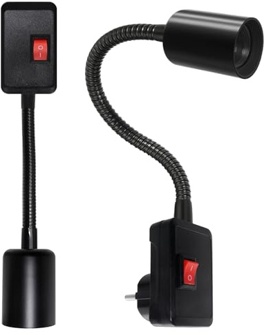 2er Set E27 lampenfassung mit schalter EU-Stecker, 360° Drehbarer lampenfassung, schwanenhals fassung fur wandlampe, leselampe(Schwarz, Glühbirne nicht im Lieferumfang enthalten)