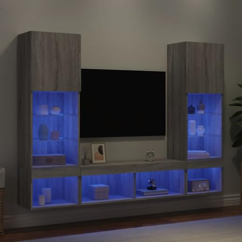 EMYRLXQW 5-teilige TV-Wohnwand mit LED grau Sonoma Holzwerkstoff