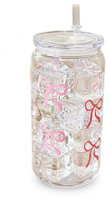 Pink Bow Cup, Reusable Plastic Tumbler with Wooden Lid and Straw, Transparent Cup for Iced Coffee, Smoothies, Bubble Tea, Juice, Cocktail, Cold & Hot Drinks, for Party Daily Use, 500mL (16 oz)