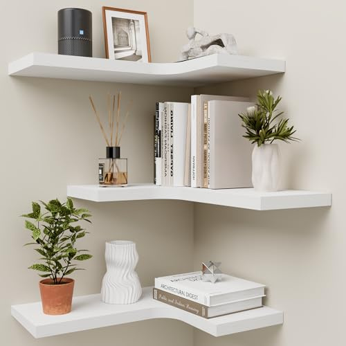 Homagle Wandregal Holz Eckregal HäNgend L-FöRmiger HäNgeregal Bilderleiste Schweberegal Regal KüChe GewüRzregal FüR Wohnzimmer Schlafzimmer Bad Flur BüRo Wand Deko,3er Set (Weiß)
