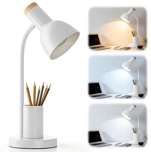 CEWROM Lampe de bureau LED avec porte-stylos, Lampe de bureau pour enfants, 3 modes de couleur, lampe de lecture, lampe d'étude métallique à cou de cygne flexible, protection des yeux pour lampes de