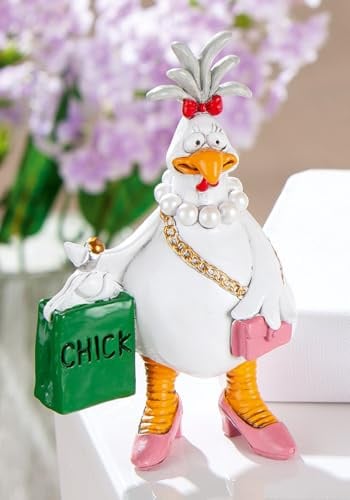 MF Madame Chicka Shopping Queen Dekofigur, Huhn mit Einkaufstasche und Perlenkette, Weiß Rosa Pink, Kunstharz, 13,5 cm Höhe