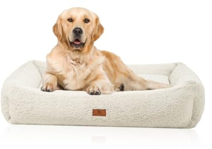 Knuffelwuff orthopädisches Hundebett Matteo XXL 120cm x 100cm Beige | Teddyfell-Bezug waschbar 30 °C | Memory-Foam-Flocken | gelenkschonend & formstabil | hoher Rand | für kleine bis große Hunde
