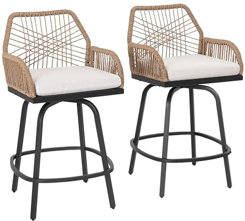 Avestar Barhocker 2er Set, Drehbare Barstühle mit Rückenlehne aus Metall, Wetterfeste Gartenstühle aus Rattan mit Abnehmbaren Sitzkissen für Balkon, Garten & Pool, Beige