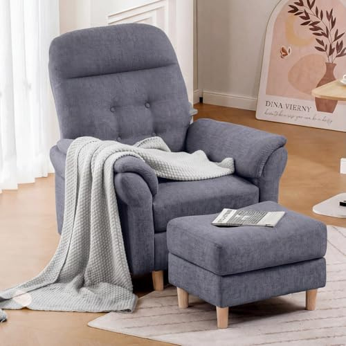 COMHOMA Relaxsessel Fernsehsessel mit Liegefunktion, Liegesessel mit Hocker & 4 Verstellbarer Rückenlehne, Polstersessel Stoff Einzelliegesessel Wohnzimmer Schlafzimmer Heimkino, Chenille, Grau