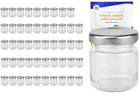 MamboCat 50er Set Rundgläser 53 ml Deckelfarbe Silber to 43 inkl. Diamant Gelierzauber Rezeptheft, Einmachgläser, Einkochgläser, Vorratsgläser, Mini Sturzgläser, Obstgläser, Portionsgläser, Gläser