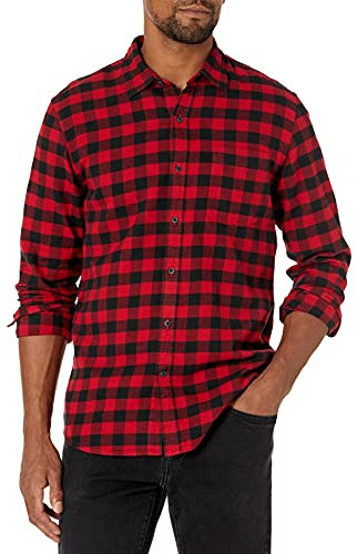 Amazon Essentials Chemise Ajustée en Flanelle à Carreaux Avec Boutons et Manches Longues Homme, Noir Rouge Carreaux Lainés, XS