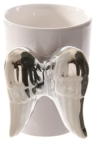 Puckator Tasse Weißer Engel mit Silberne Flügel geformter Henkel Tasse aus Dolomit-Keramik
