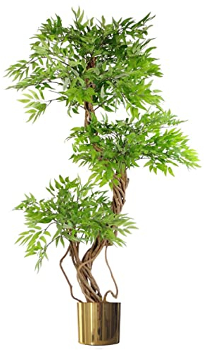 Leaf japanischer Fruticosa Ficus, 140 cm, goldfarbenes Metall, gebürstetes Messing, LEAF-7171-7201, with Metal Planter, with Metal Planter