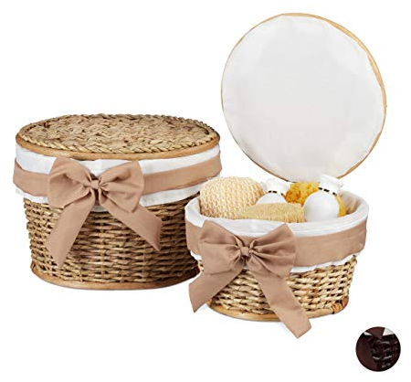 Relaxdays Badkörbchen 2er Set, Aufbewahrung, Korbset mit Deckel, Dekokörbe aus Buri Holz, geflochten, rund, Natur