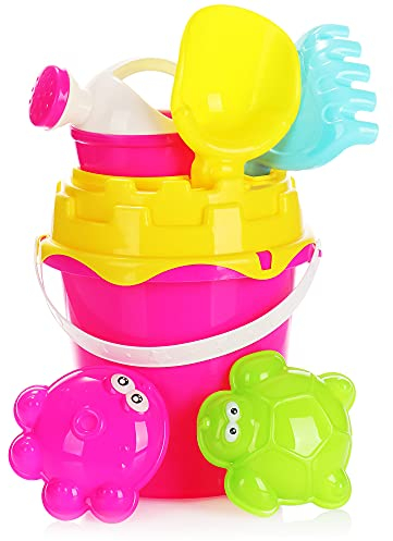 COM-FOUR® Juego de Playa de 7 Piezas - Juguetes de Arena - Cubo, Pala, moldes y regadera [la selección varía] (Set 2-07 Piezas)