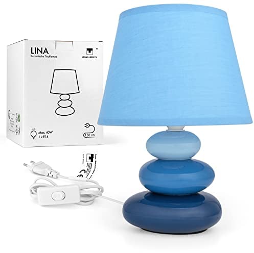 Nachttischlampe Lina (Blau) Tischleuchte Keramik Tischlampe mit Stoffschirm, LED geeignet, E14 230V Keramik, Tischlampe, Nachttischleuchte, Fenster Lampe, Sofalampe. Fensterbank Lampen