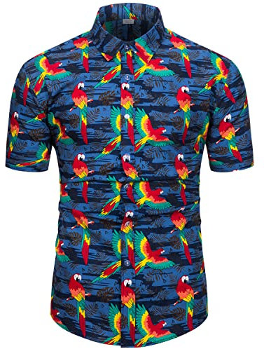 fohemr Funky Hawaiian Shirts for Men Short Sleeve Tropical Button Down Summer Beach Shirts Navy Large