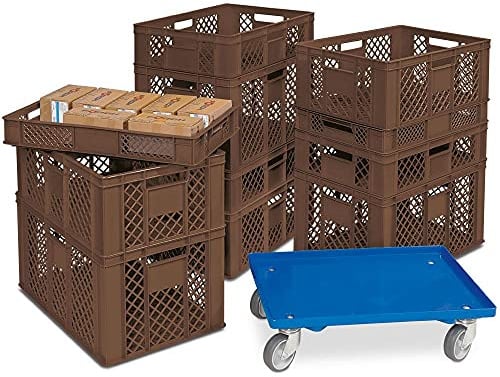 BRB 11 Eurobehälter/Stapelkörbe in 4 Höhen, PE-HD, braun, LxB 600x400 mm, H 90 mm/150 mm/240 mm/320 mm, inkl. Transportroller