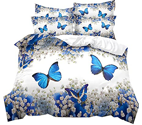 Romantisches Mädchen Frau Bettwäsche Set Schmetterling Blumen 3D Pink Blau Gelb Lila Schwarz Weiß Streifen Rose Orchidee Lavendel Muster Polyeste Bettbezug Kissenbezüge (Blau, 135 x 200 cm)