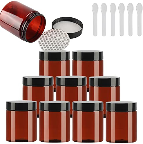 TIANZD 12 Pièces Vides Petit 250 ml Marron Cosmétique Pot en Plastique avec Couvercle Noir 250 g Pots de Cosmétique Crème de Bouteille Contenant avec 6x Spatules