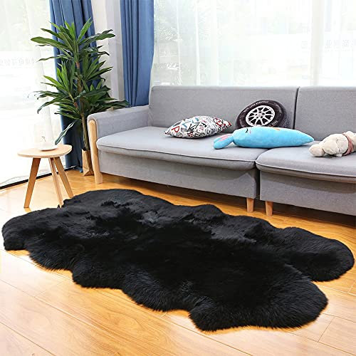 Alfombra Piel De Oveja Auténtico Alfombra Piel De Cordero Grande Alfombra Lana Alfombras Pelo Largo - Negro