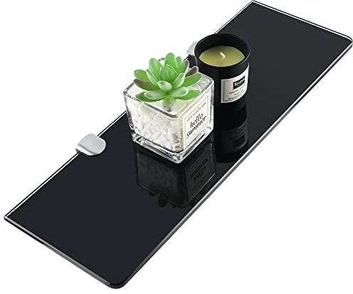 SAYAYO Étagère Murale en Verre Tablette Salle de Bain, Étagère de Douche en Verre Trempé Noir de 7mm Épaisseur et Chromé Poli Supports, Longueur 38cm, EGBL1012R-B