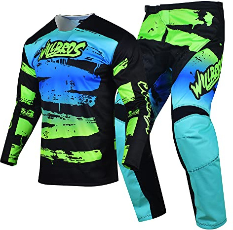Willbros Combo de Pantalones y Jersey de Motocross Hombres MX Fuera de la Carretera Bicicleta Sucia Ropa de Carrera Ciclismo Equitación ATV BMX Unisexo Adulta Verde Negro (Jersey S Pantalones 30)