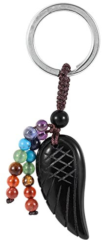 Nupuyai Obsidian Stein Engelsflügel Schlüsselanhänger Kristall mit 7 Chakra Heilsteine, Schutzengel Flügel Glücksbringer Edelstein Schlüsselring Glücksstein Amulett Taschenanhänger