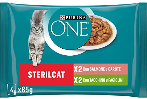 PURINA ONE Sterilcat - Cibo Umido Gatto Adulto Sterilizzato, Bocconcini con Salmone e Carote, Tacchino e Fagiolini. 48 Buste da 85 g