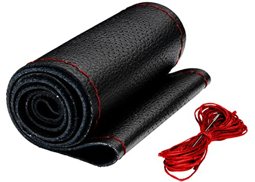 AUTOXBERT Echtes Leder Lenkradbezug, DIY Lenkradbezug zum Aufnähen, Universal 37-39 cm Auto Lenkrad Schutzhülle mit Nadel und Faden, Lenkradschutz rutschfest（ROT）