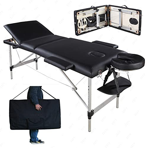 Viaka Massageliege 3-Zonen Therapieliege Massagetisch Klappbar & Höhenverstellbar Massagebank, Mobile Alu Kosmetikliege mit Kopfschütze, Armlehnen & Tasche, Massagebett Belastbar bis 230kg, Schwarz