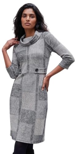Roman Cowl Neck Dress for Women UK - Ladies Button Detail Shift Work Office Autumn Winter Knee Length Casual 3/4 Full Length Sleeve Round High Warm Neckline