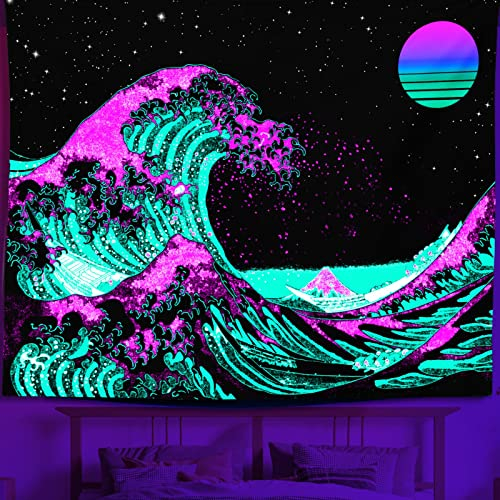 Apdidl Schwarzlicht-Wandteppich für Schlafzimmer, UV-reaktiver Ozean, tolle Wellen, Wandteppiche, ästhetisch, japanischer Kanagawa, Wandbehang, Poster, Dekoration für Wohnzimmer W60 H51