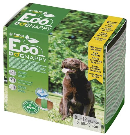 Croci Dog Nappy Eco - Fascia Assorbente biodegradabile per cani maschi, taglia XL - Ø 60-85 cm, Mutanda pannolino igienico pipi cane, Antiodore, Usa e getta, Chiusura adesiva regolabile, 12 pz