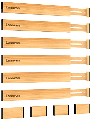 Lannvan 6 Piezas Separadores de Cajones, Separador Cajones Ajustable de Bambú, Organizador de Cajones de Cocina con Resorte para Cocina, Cómoda, Baño, Dormitorio, Oficina, 42.8-56.3 cm, Naturaleza