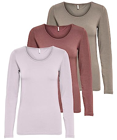 ONLY Onllive Love Life Basic T-Shirt à Manches Longues pour Femme, 1 x Rose Marron, 1 x Noyer, 1 x Lavande, M