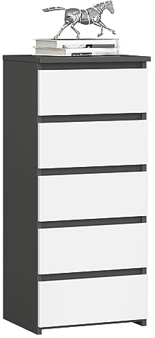 3xEliving Kommode, Sideboard mit 5 Schubladen (B:40cm x H:92cm x T:35cm) in Graphit Grau & Weiß