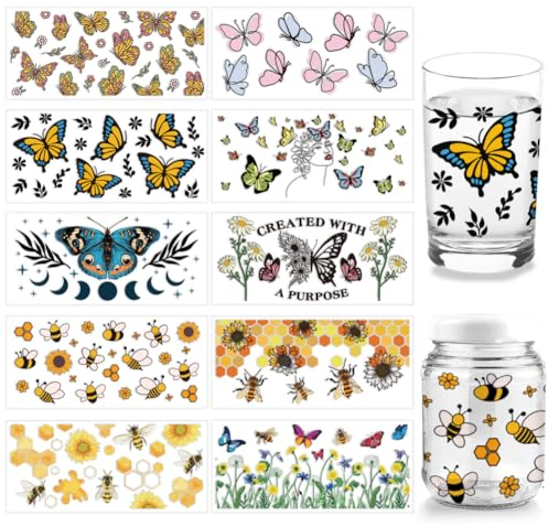 arricraft 10 Stück 10 Stile UV DTF Cup Wrap Transfer Aufkleber, Insekten-Transferpapier, Schmetterling, Rub-On-Aufkleber Biene PVC-Cup-Wrap-Aufkleber Wasserfeste Rub-Abziehbilder