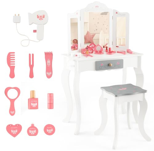 LIFEZEAL 2 in 1 Toeletta con Specchio Rimovibile e Sgabello per Bambini, Tavolo da Trucco in Legno con 10 Giocattoli per Ragazze di 3+ Anni, Portata di 50 kg, Rosa e Bianco (Specchio Triplo)