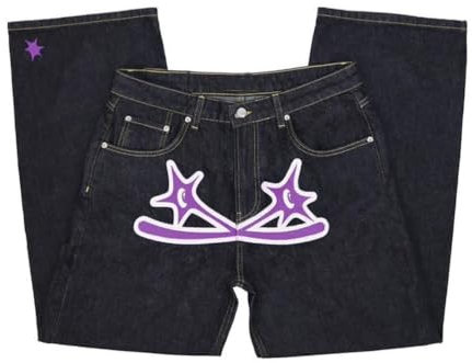 ORANDESIGNE Y2K Jeans Uomo Larghi Pantaloni Cargo Men's Jeans Hip Hop Pantaloni Larghi Denim Pantaloni Pantaloni a Gamba Larga Streetwear O Viola M