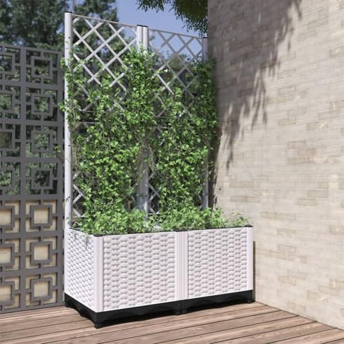 Gecheer Jardinera de jardín con enrejado y celosía, separador de exterior, cama elevada, rejilla blanca, 80 x 40 x 136 cm, de polipropileno