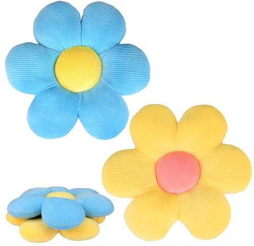 QKURT 2 Stück Blumen-Kissen,40cm blumenkissen,Blume Bodenkissen Sitzkissen,Niedliche Blume Kissen,blumenförmige Wurfkissen,Flauschig weiches Blütenblatt-Kissen für Zuhause Sofa Auto(Blau)