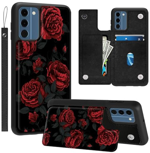 GFRGTFHYT Étui portefeuille pour Nokia C300 N155DL - Roses rouges - En cuir synthétique - Emplacements pour cartes - Fermoir magnétique - Béquille - Dragonne - Pour Nokia C300